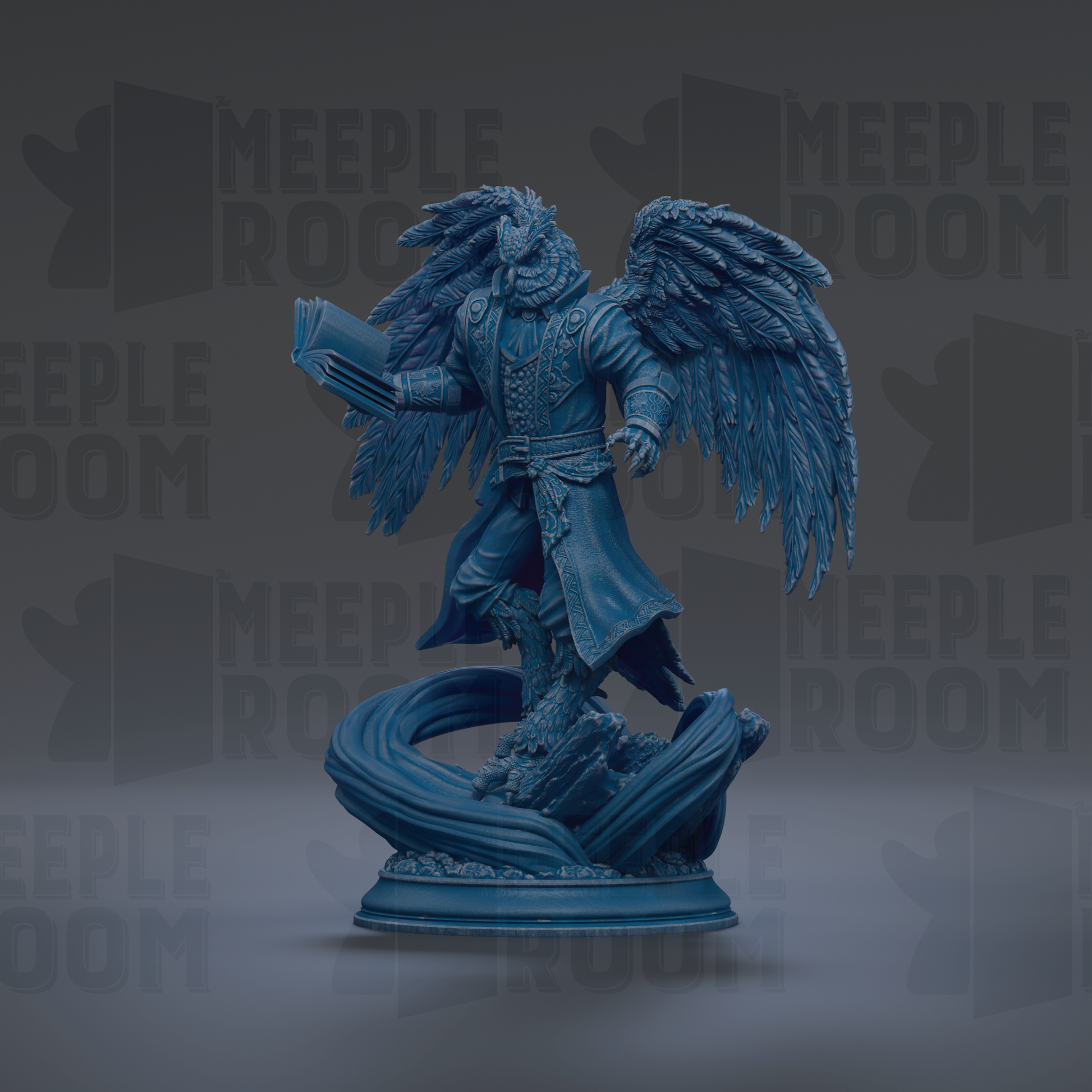 A blue, winged statue of a figure holding a book stands on a pedestal against a dark background with repeated "MEIPLE ROOM" text.