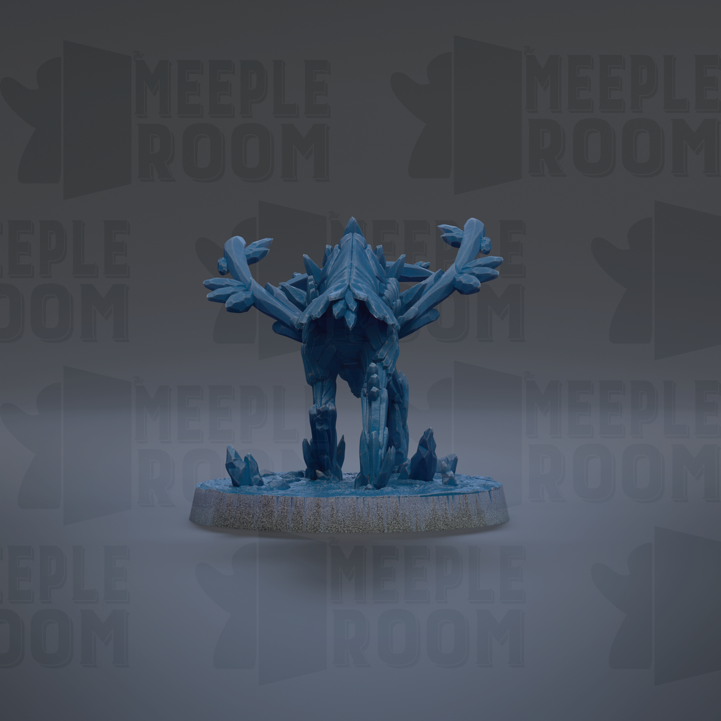 A blue figurine with outstretched arms stands on a base, surrounded by a repeating pattern of the word "MEIPLLE ROOM" in the background.