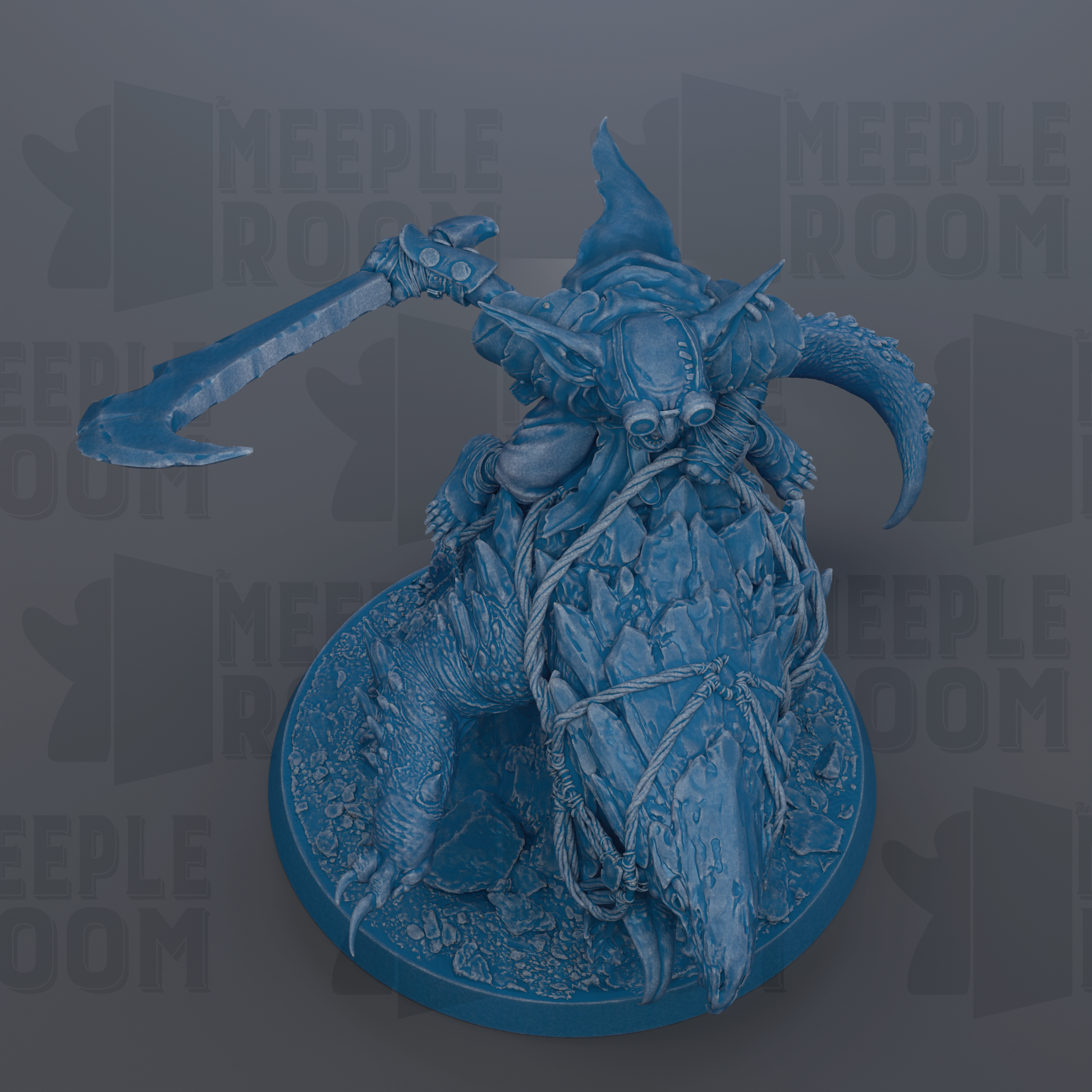A detailed 3D rendering of a fantastical creature, possibly a dragon or serpent, with intricate textures and patterns. The creature is holding a large weapon, possibly a sword or spear, and appears to be in a dynamic pose, ready for action. The background features the text "MEUPLEROOM" repeated multiple times, suggesting the image may be part of a larger collection or series.