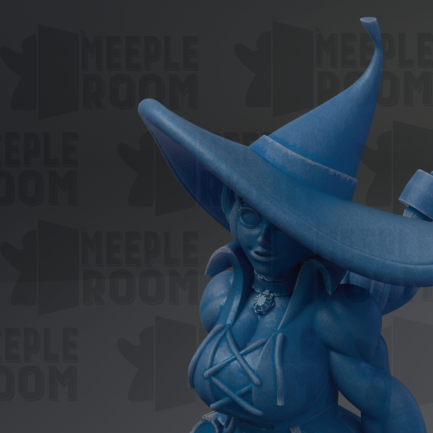 A blue statue of a woman wearing a pointed hat and holding a staff, with the text "MEEPLE ROOM" repeated in the background.