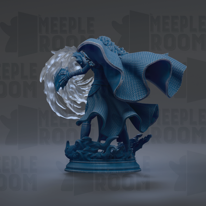 A 3D rendering of a blue statue depicting a figure with a flowing cape, standing on a base and surrounded by a swirling, ethereal element.