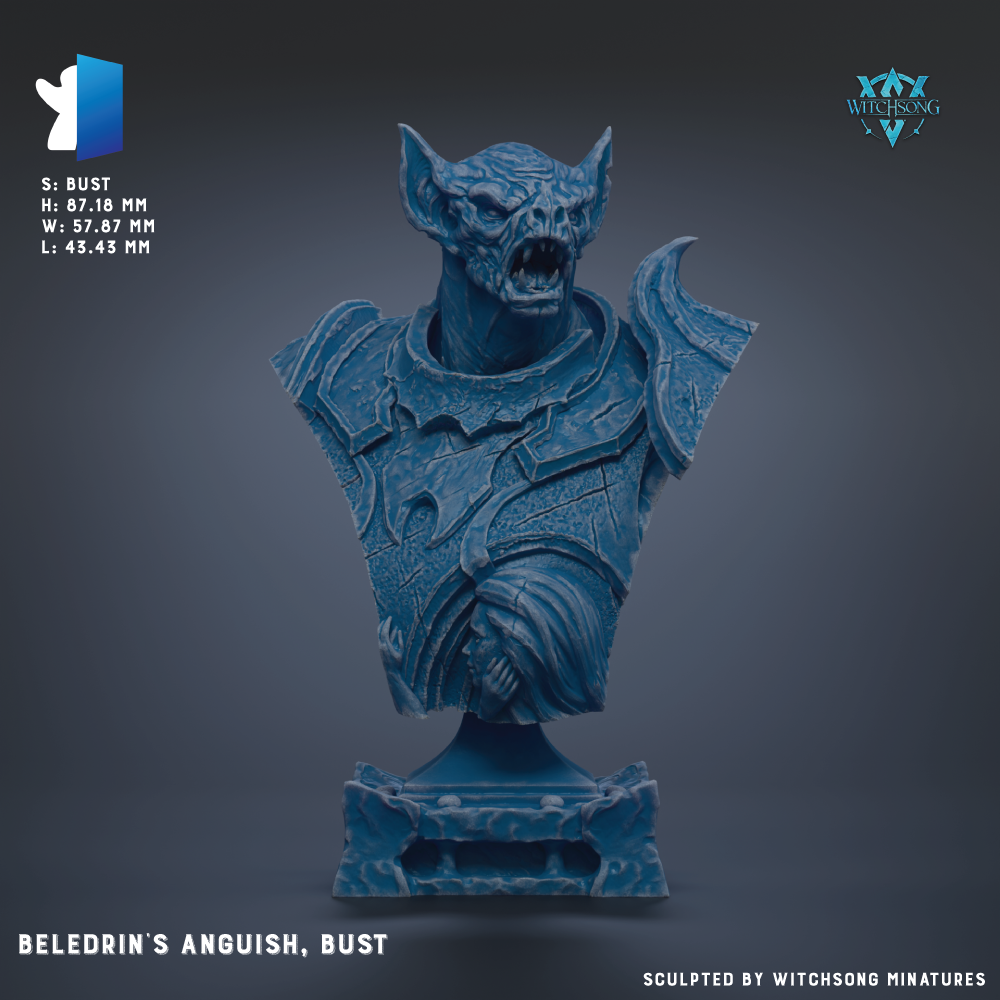 a bust of a fierce-looking creature, possibly a mythical or fantastical creature, with a fierce expression and sharp teeth. The creature is shown in a dynamic pose, with its arms and legs spread out. The image is a 3D rendering of the bust, and it is described as being sculpted by Witchesong Miniatures.