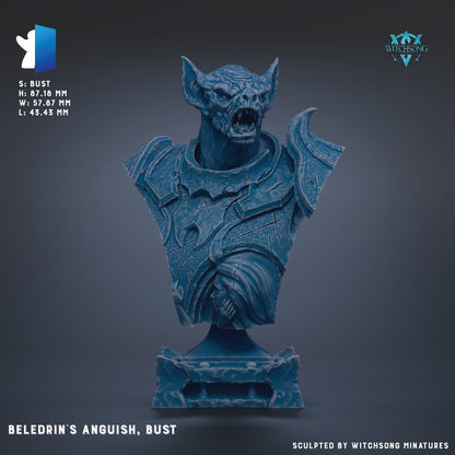 a bust of a fierce-looking creature, possibly a mythical or fantastical creature, with a fierce expression and sharp teeth. The creature is shown in a dynamic pose, with its arms and legs spread out. The image is a 3D rendering of the bust, and it is described as being sculpted by Witchesong Miniatures.