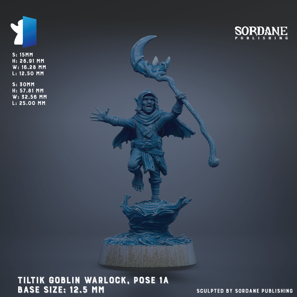 The image is a detailed statue of a troll or magical creature, specifically the Tiltik Goblin Warlock, posed in a dynamic standing position. The statue is made of a material that appears to be a combination of metal and stone, giving it a sturdy and imposing appearance. The base size of the statue is 12.5 mm, and the height is 20.91 mm. The statue is displayed against a dark background, which contrasts with the statue's blue color and makes it stand out prominently.