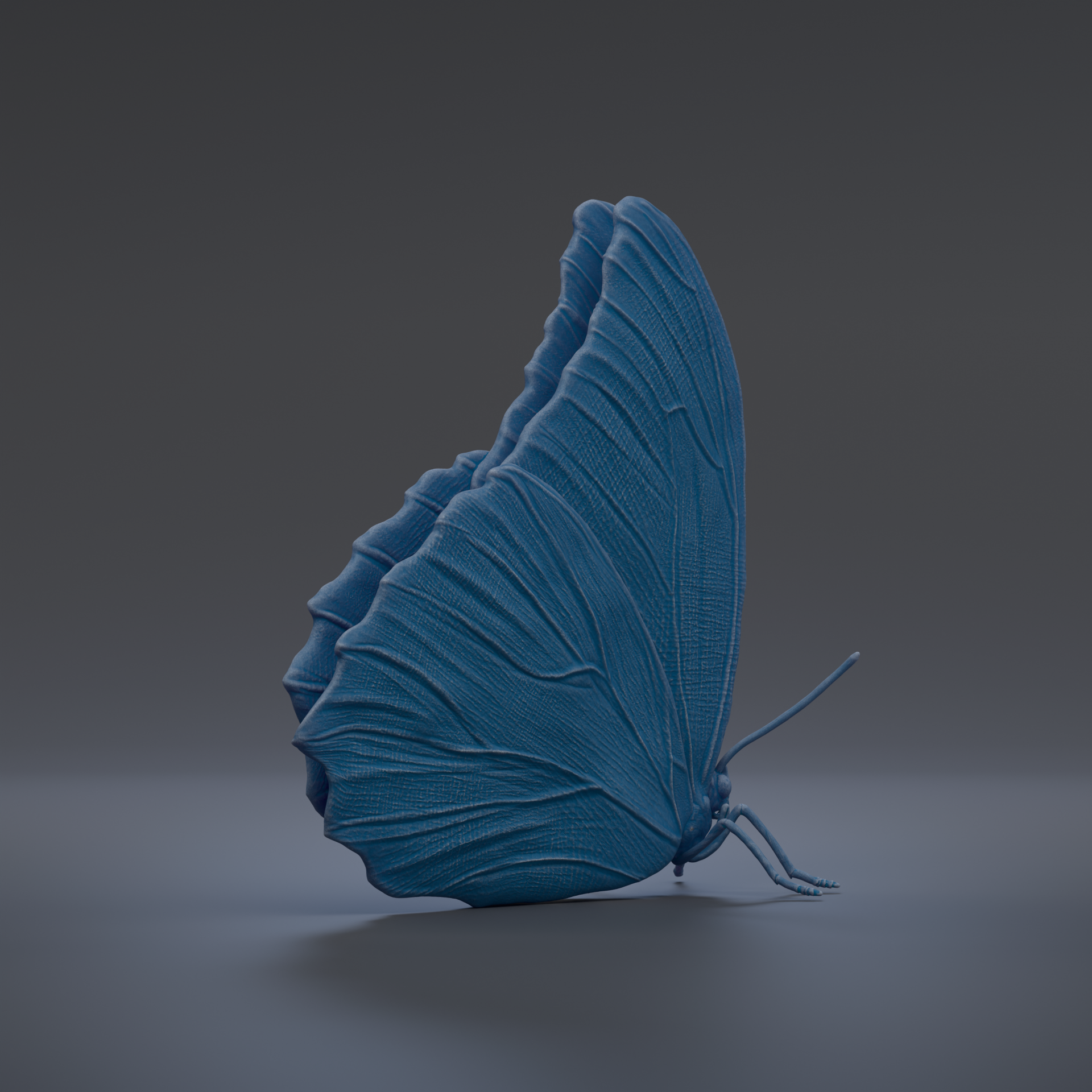 A 3D rendering of a blue butterfly with its wings spread, set against a dark background.
