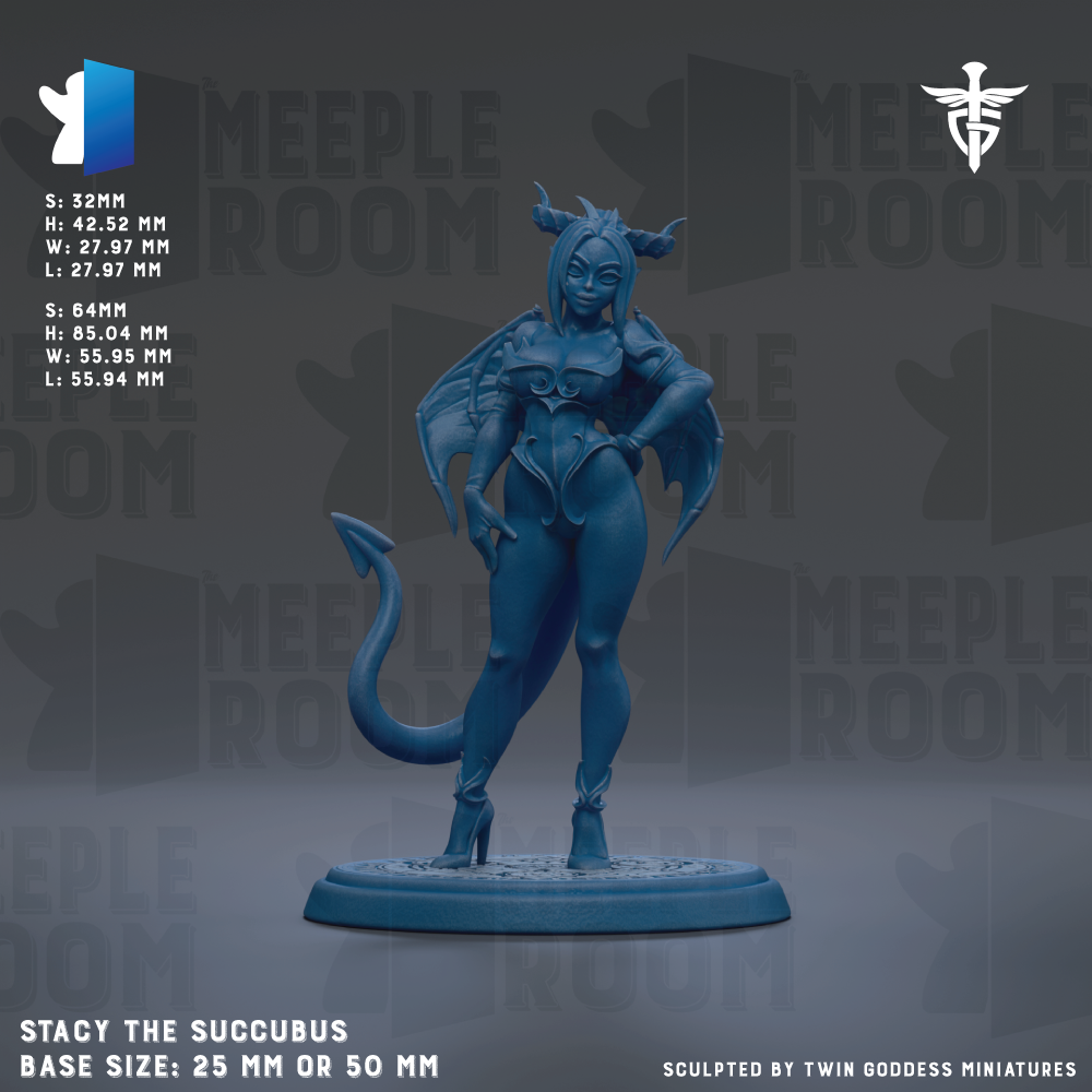 a figurine of a woman with horns and wings, painted in a dark blue color. The figurine is standing on a base that is either 25mm or 50mm in diameter. The background of the image is gray, and there is text and logos related to the figurine and the company that made it.