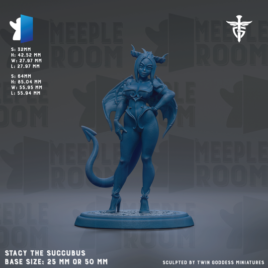 a figurine of a woman with horns and wings, painted in a dark blue color. The figurine is standing on a base that is either 25mm or 50mm in diameter. The background of the image is gray, and there is text and logos related to the figurine and the company that made it.