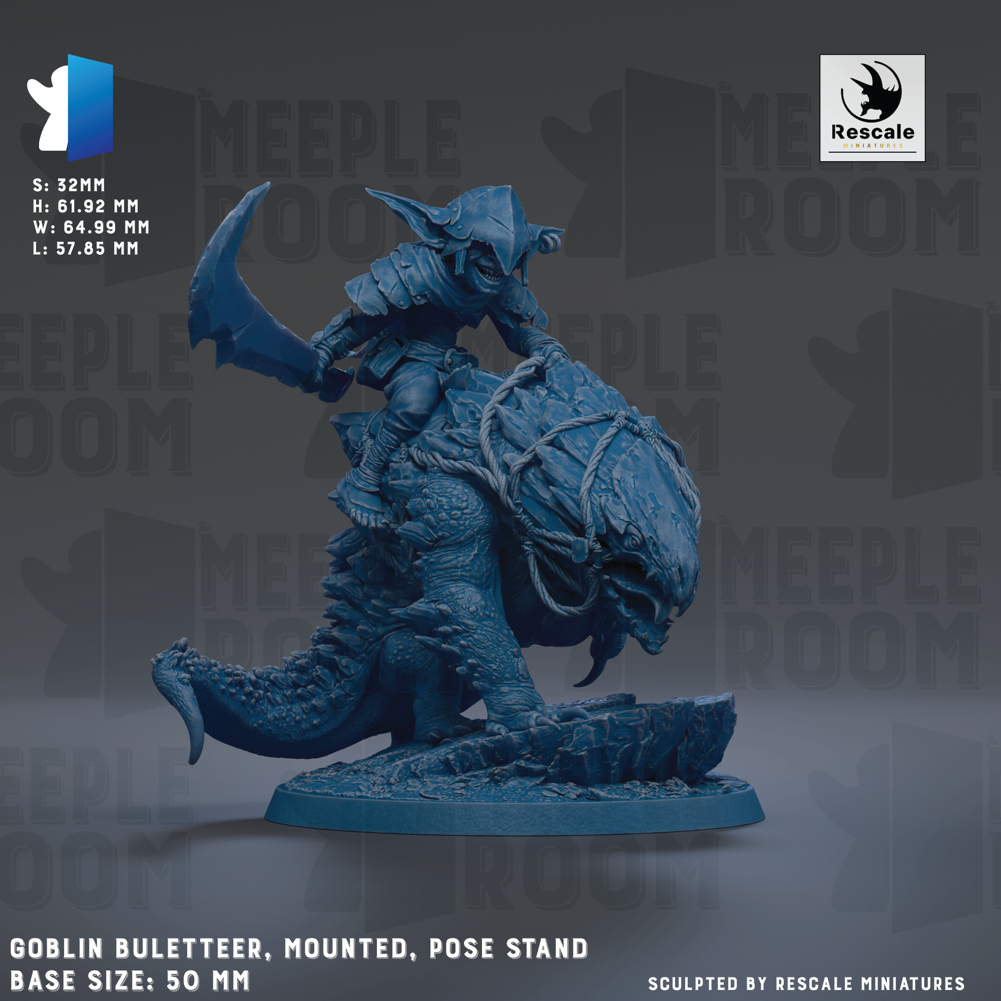 The image is a detailed miniature of a blue armored figure riding a large, armored creature, likely a dragon or alligator. The figure is mounted on the creature and appears to be in a pose, possibly charging or attacking. The background is dark, which emphasizes the figure and the creature. The image is described as a "Goblin Bulletteer, Mounted, Pose Stand" and is labeled as a "Base Sizes: 50mm". It is also described as a "Collage of multiple images" and "Sculpted by Rescue Miniatures".