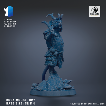 a statue of a mouse dressed in a warrior-like costume, standing on a base and holding a weapon.