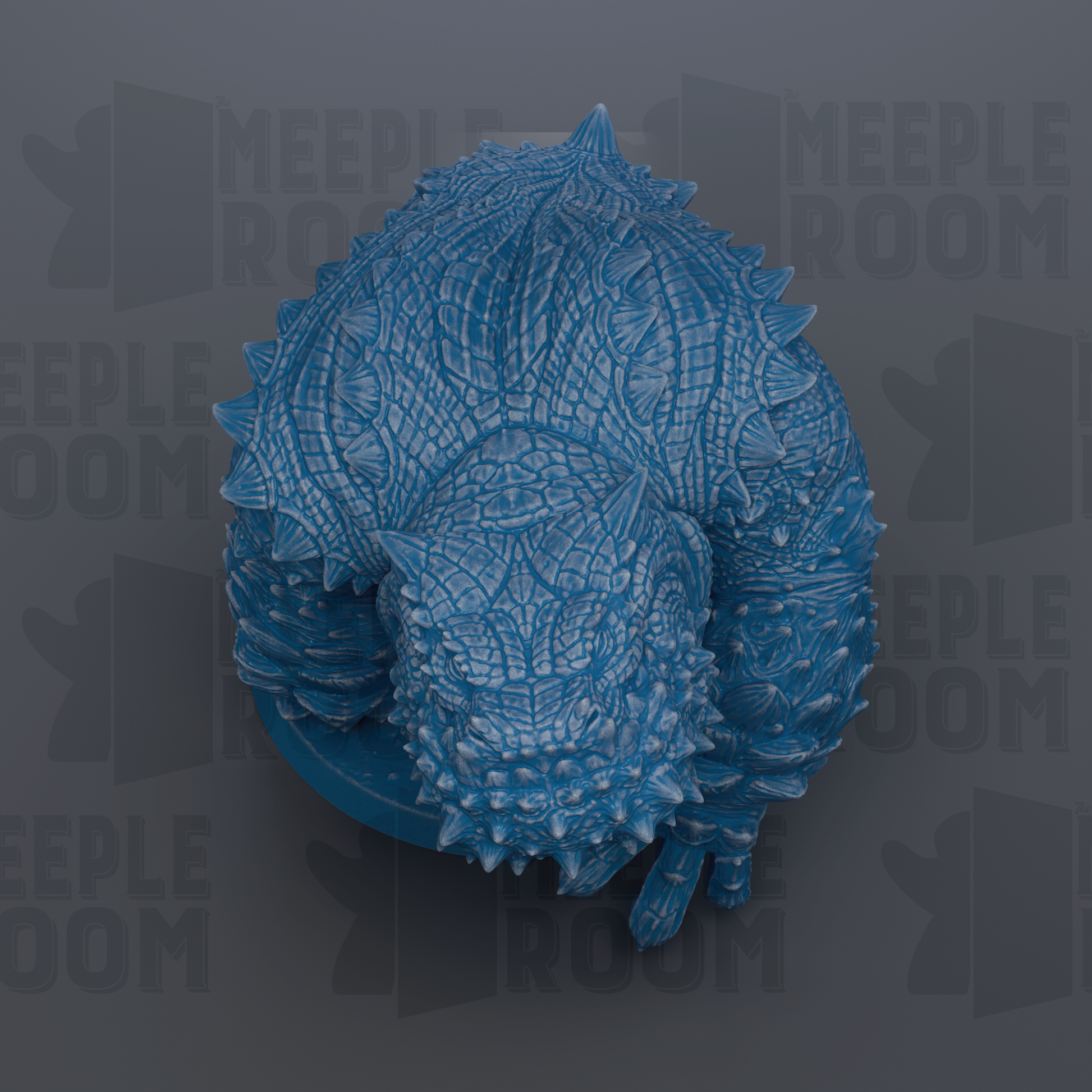 A detailed 3D rendering of a blue, spiky creature resembling a mythical or fantastical creature, possibly a dragon or serpent.