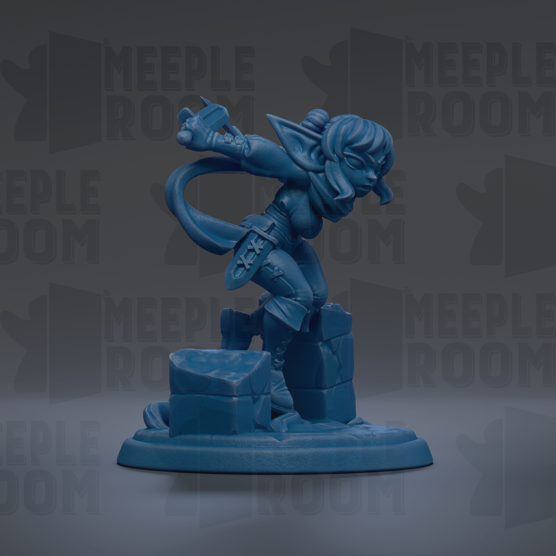 A blue figurine of a female character with a sword and shield, standing on a rock formation.