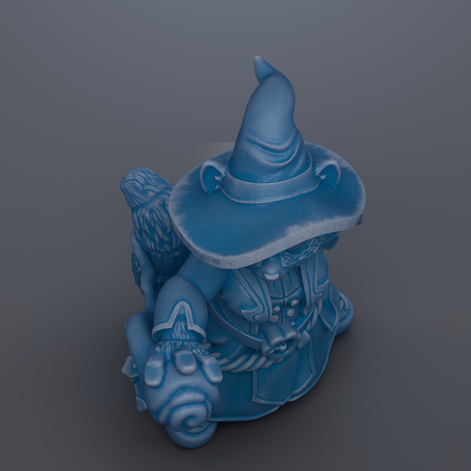 A blue ceramic figurine of a wizard or magical character, with a pointed hat and ornate details, is shown against a dark background.
