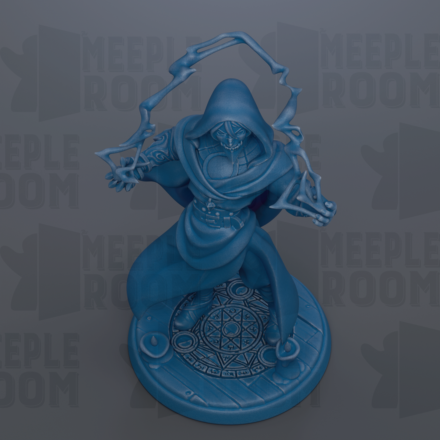A blue figurine of a person with a hooded cloak, holding a weapon, standing on a circular base with a geometric pattern.