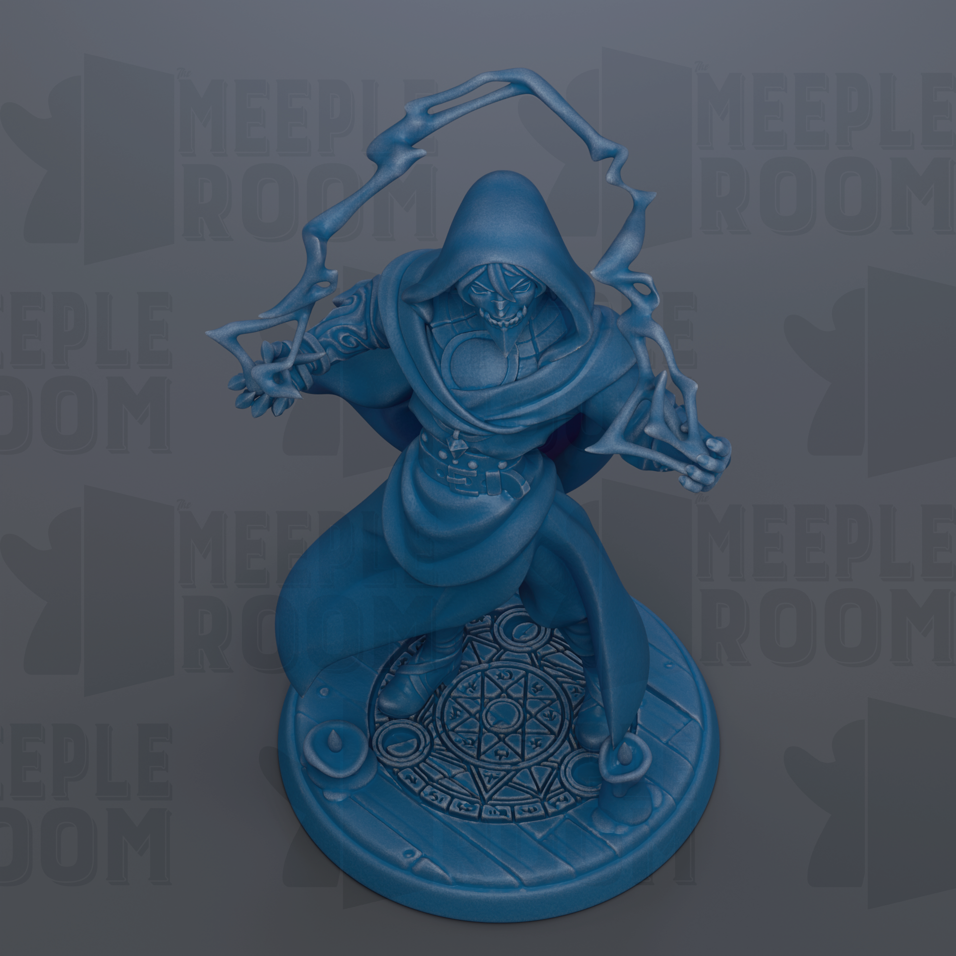 A blue figurine of a person with a hooded cloak, holding a weapon, standing on a circular base with a geometric pattern.