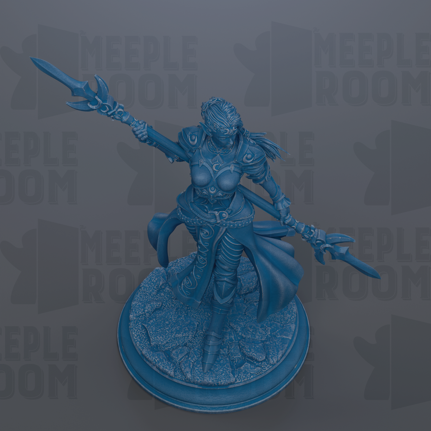 A blue figurine of a warrior figure with a sword and shield, standing on a base and holding a shield in one hand and a spear in the other.