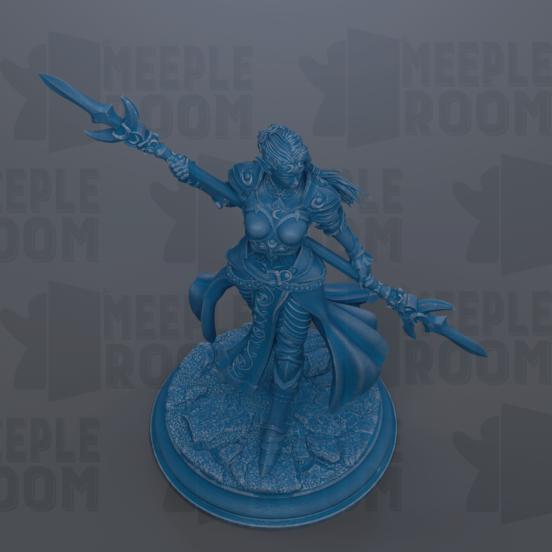 A blue figurine of a warrior figure with a sword and shield, standing on a base and holding a shield in one hand and a spear in the other.