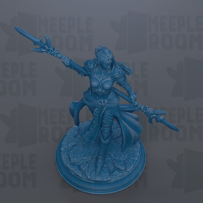 A blue figurine of a warrior figure with a sword and shield, standing on a base and holding a shield in one hand and a spear in the other.