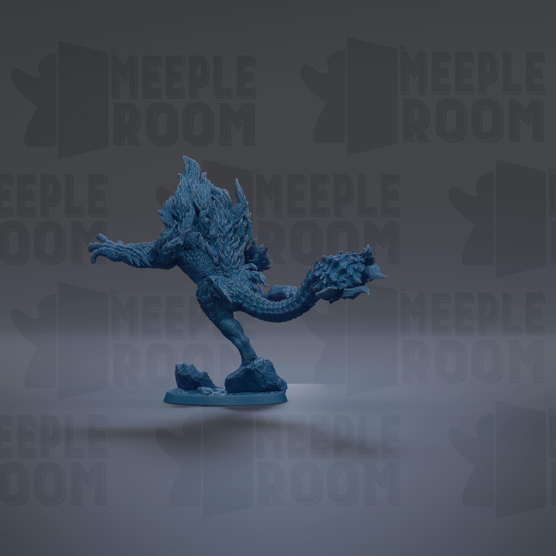 A blue, fantastical creature with a large head and long tail is depicted in the center of the image, surrounded by a dark background with repeated text.