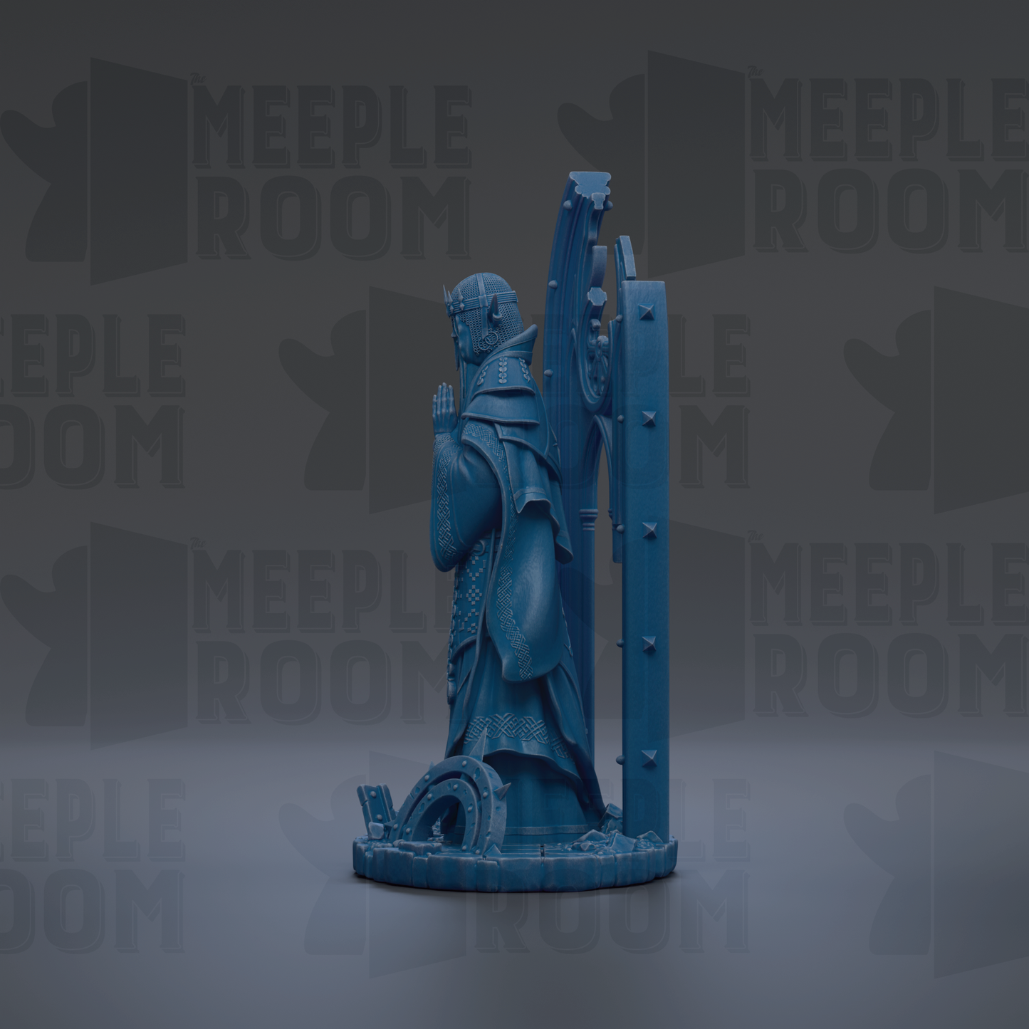 A blue statue of a figure standing on a pedestal against a dark background with repeated text.