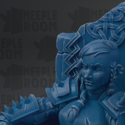 a blue statue of a woman with a serious expression, surrounded by intricate designs and patterns.