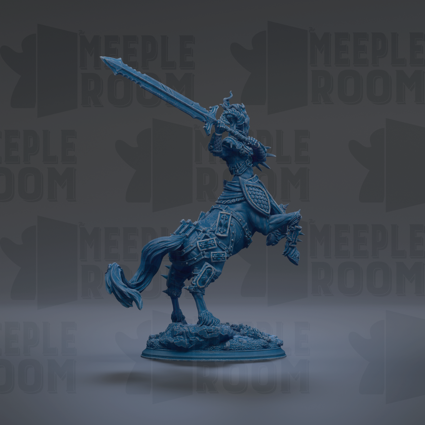 A blue armored knight on horseback, holding a sword, is depicted in the image.