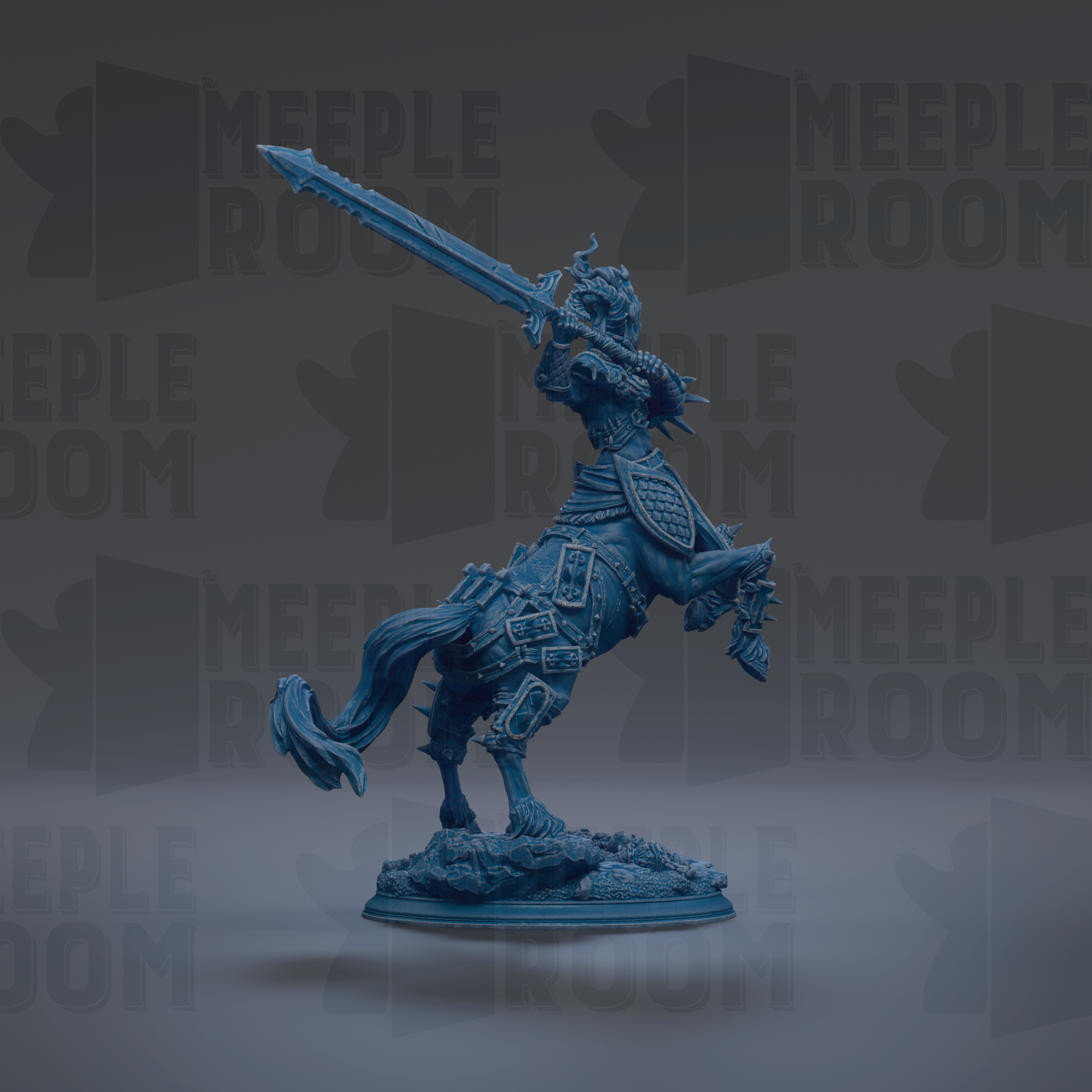 A blue armored knight on horseback, holding a sword, is depicted in the image.