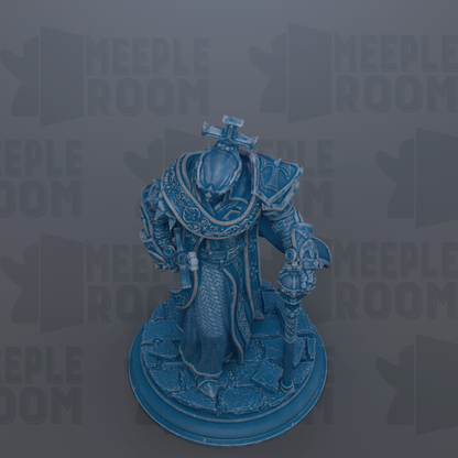 A 3D rendering of a blue armored figure, possibly a knight or warrior, standing on a pedestal.