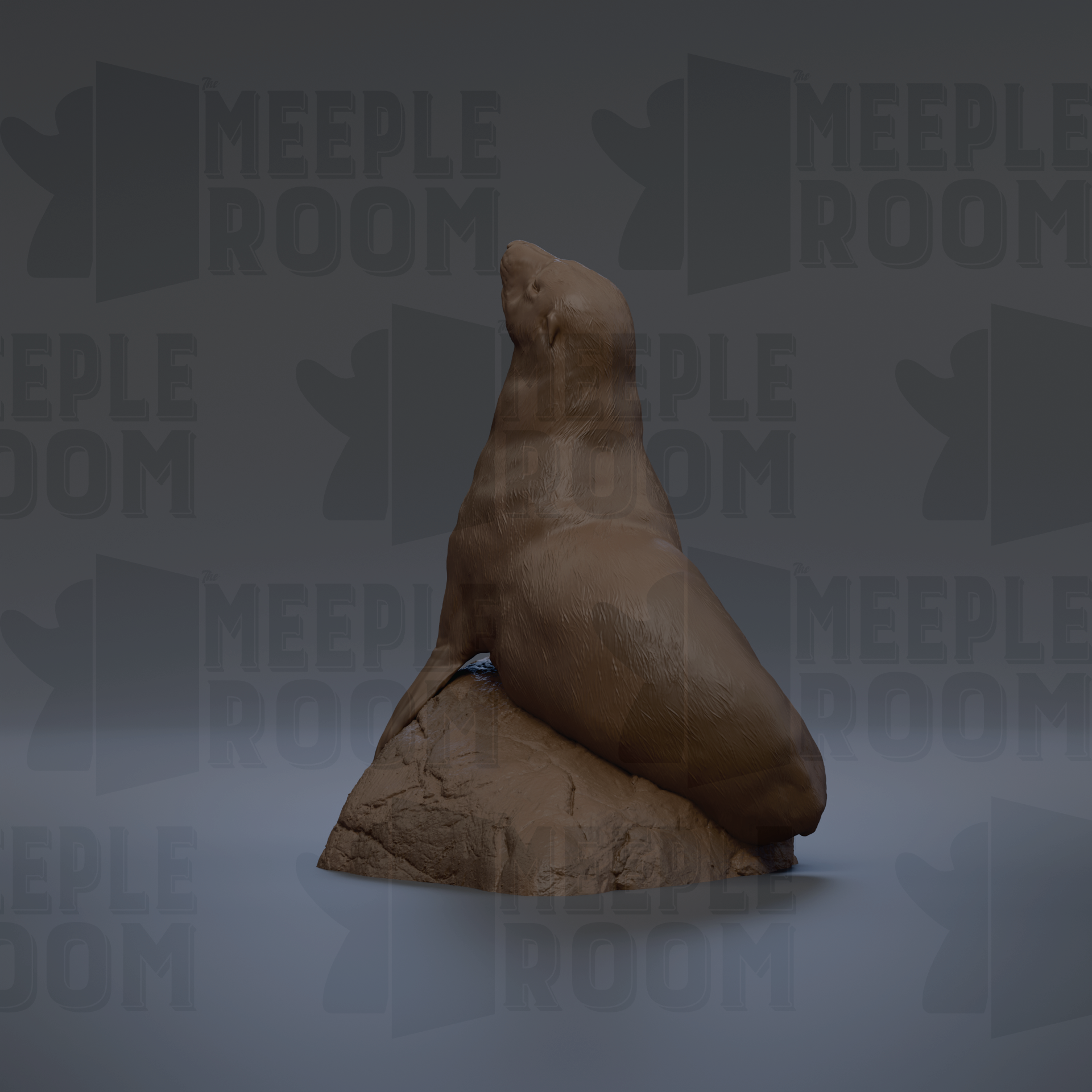 A 3D rendering of a seal resting on a rock, with the text "MEEPLE ROOM" repeated in the background.