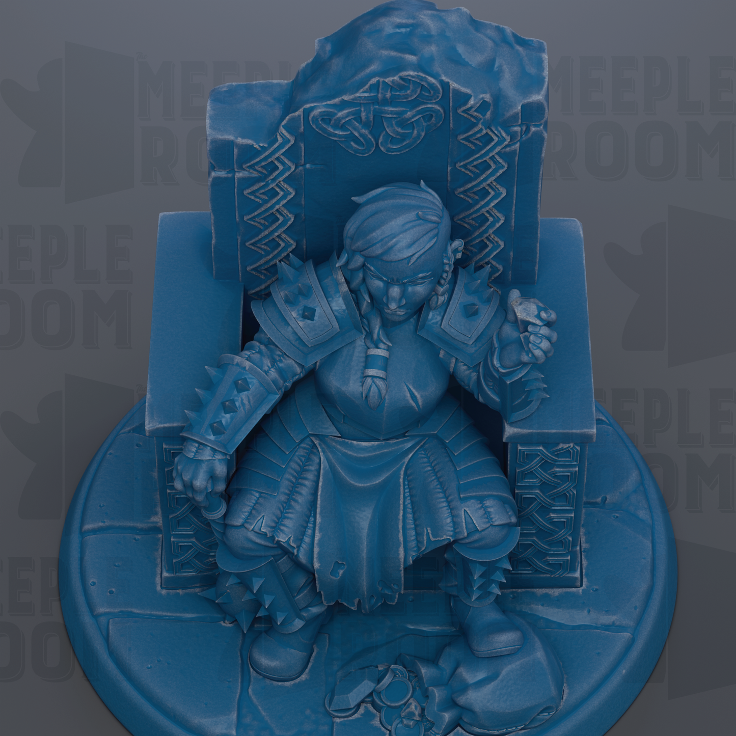 A 3D rendering of a blue statue depicting a female character seated on a throne, with intricate details and a detailed design.