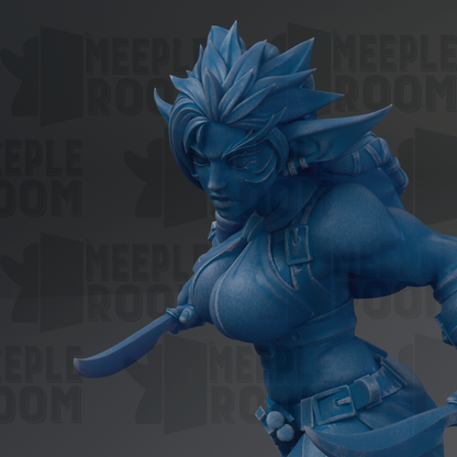 A close-up of a blue, stylized female character with a sword in her hand, set against a dark background with repeated text.