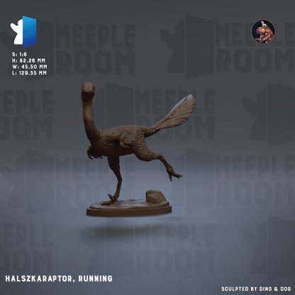 A 3D printed model of a running ostrich, specifically the Halszkarator, is shown against a dark background with repeated text.