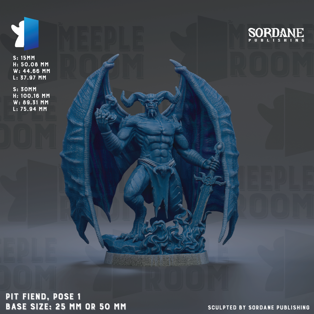 A detailed 3D model of a blue dragon-like creature with wings, horns, and a sword, standing on a base. The image is described as a "Pit Fied. Pose 1" and is published by Sordane Publishing.