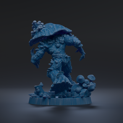 A blue, mushroom-like creature with a large head and extended arms stands on a base, surrounded by smaller mushroom-like figures.