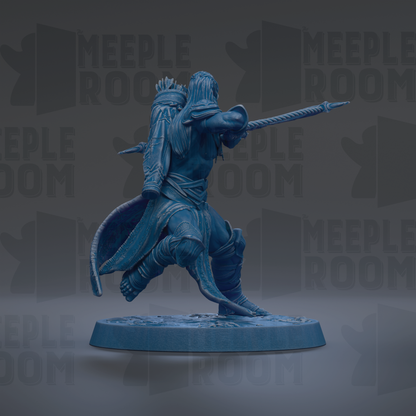 A blue statue of a warrior figure with a spear, standing on a base and facing away from the camera.