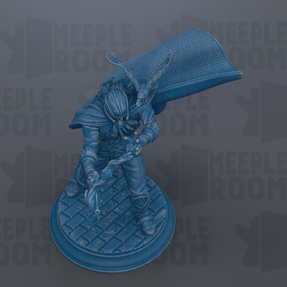 A 3D rendering of a blue statue depicting a figure with a cape and a bird-like creature on their shoulder, standing on a circular base.