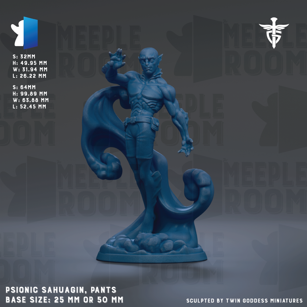 A 3D model of a muscular, blue-skinned character with a determined expression, standing on a base and holding a weapon. The character appears to be a superhero or villain, with a large, curled fist. The image is described as a "PSIONIC SAHUAGIN, PANTS" and is shown in a base size of 25mm or 50mm. It is sculpted by "TWIN GODESS MINIATURES".