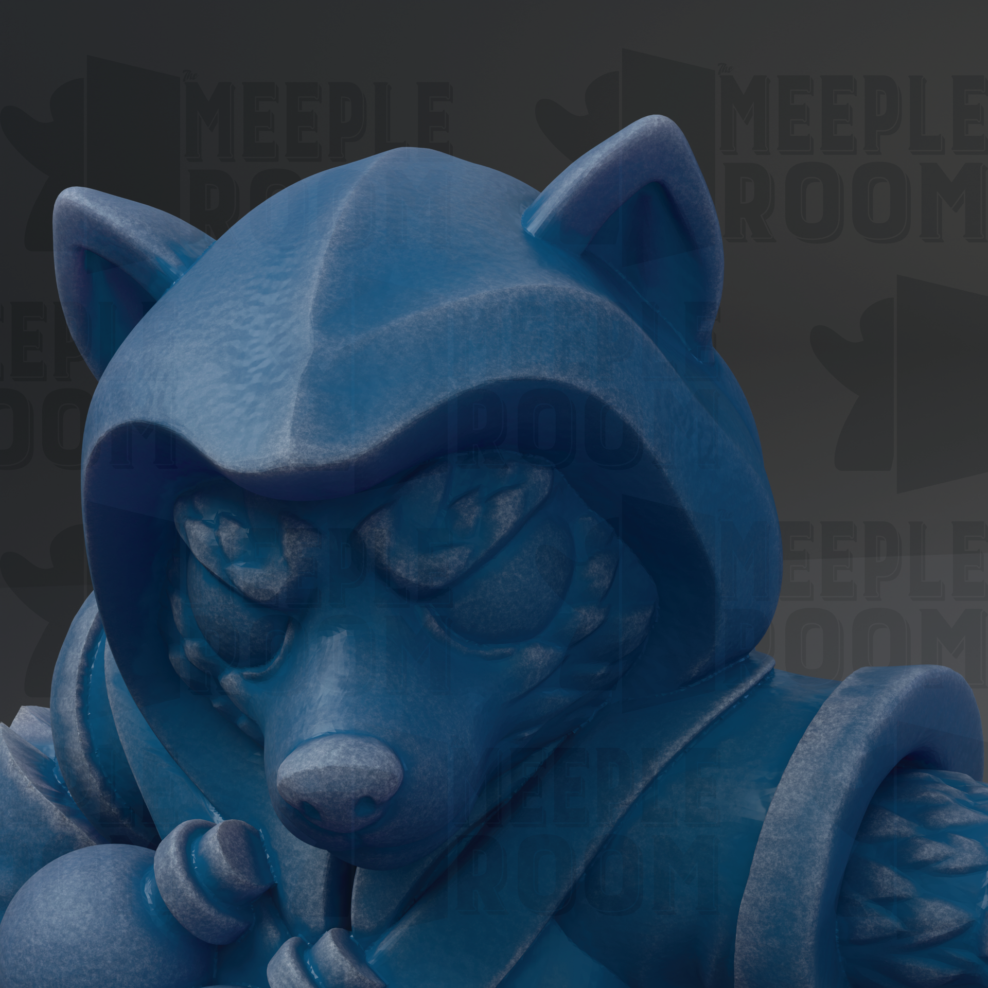 A close-up of a blue, hooded statue of a fierce-looking creature with sharp teeth and claws, set against a dark background.