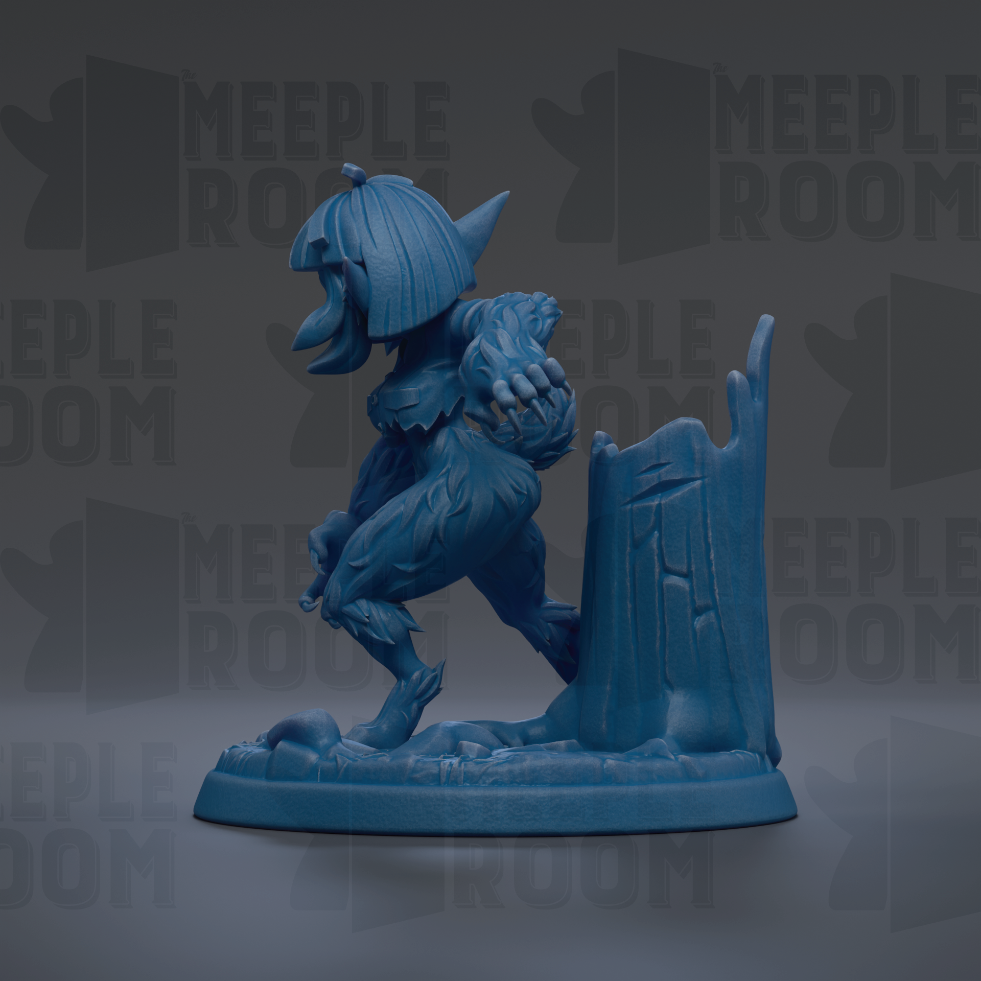 A blue figurine of a creature with a large head and sharp teeth, standing on a base and facing to the right.