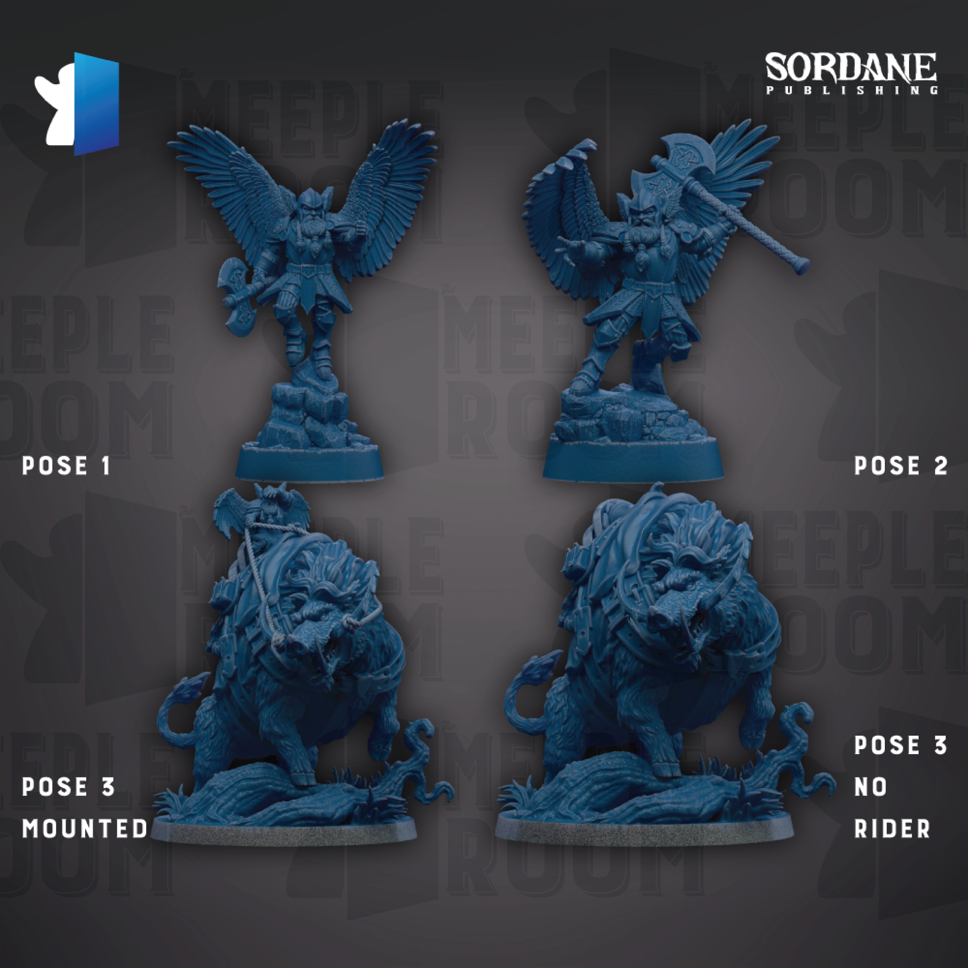 four blue figurines, each depicting a different pose of a winged warrior or a mounted beast. The figurines are arranged in a grid-like pattern, with each pose labeled as "Pose 1", "Pose 2", "Pose 3", and "Pose 4". The background of the image is dark, providing a stark contrast to the figurines and making them stand out prominently.