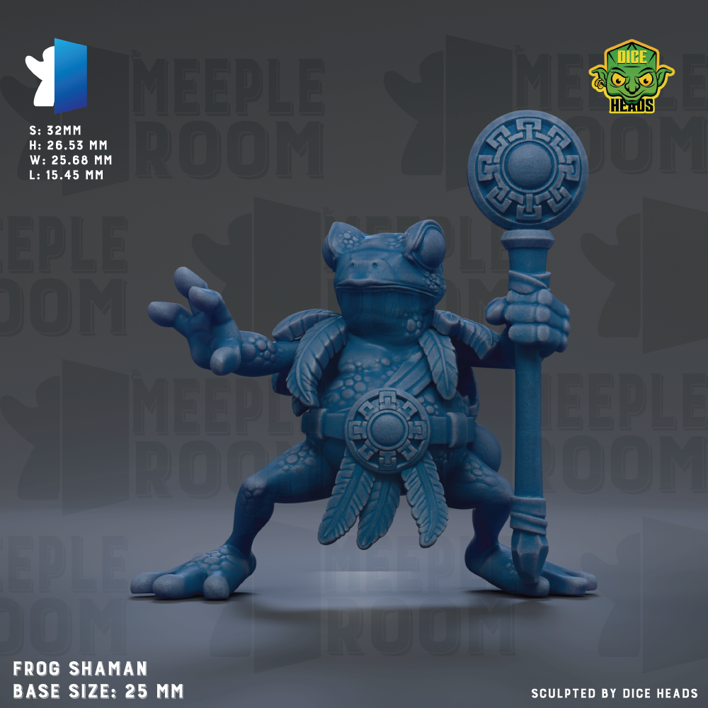 a figurine of a frog-like creature, possibly a deity or magical being, holding a staff or staff-like object. The figurine is depicted in a dynamic pose, with its arms outstretched and legs spread apart. The background of the image is a dark gray color, which contrasts with the figurine and makes it stand out. The image does not contain any text or additional objects, and the figurine is the sole focus of the image.