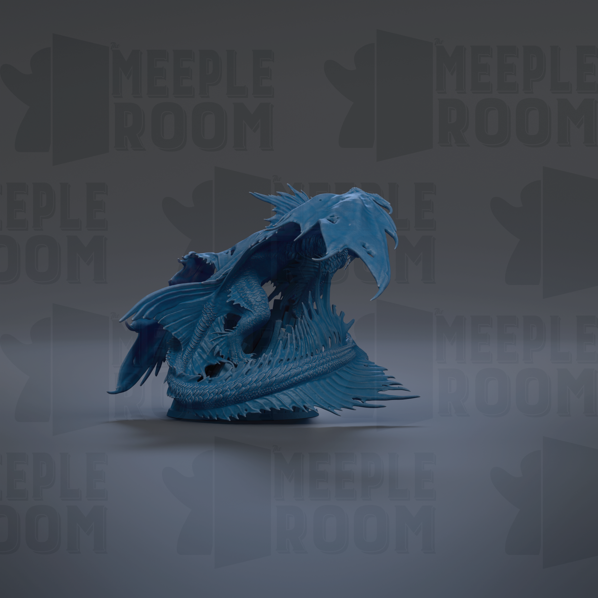 A blue, 3D-rendered dragon head sculpture is displayed against a dark background with repeated text.