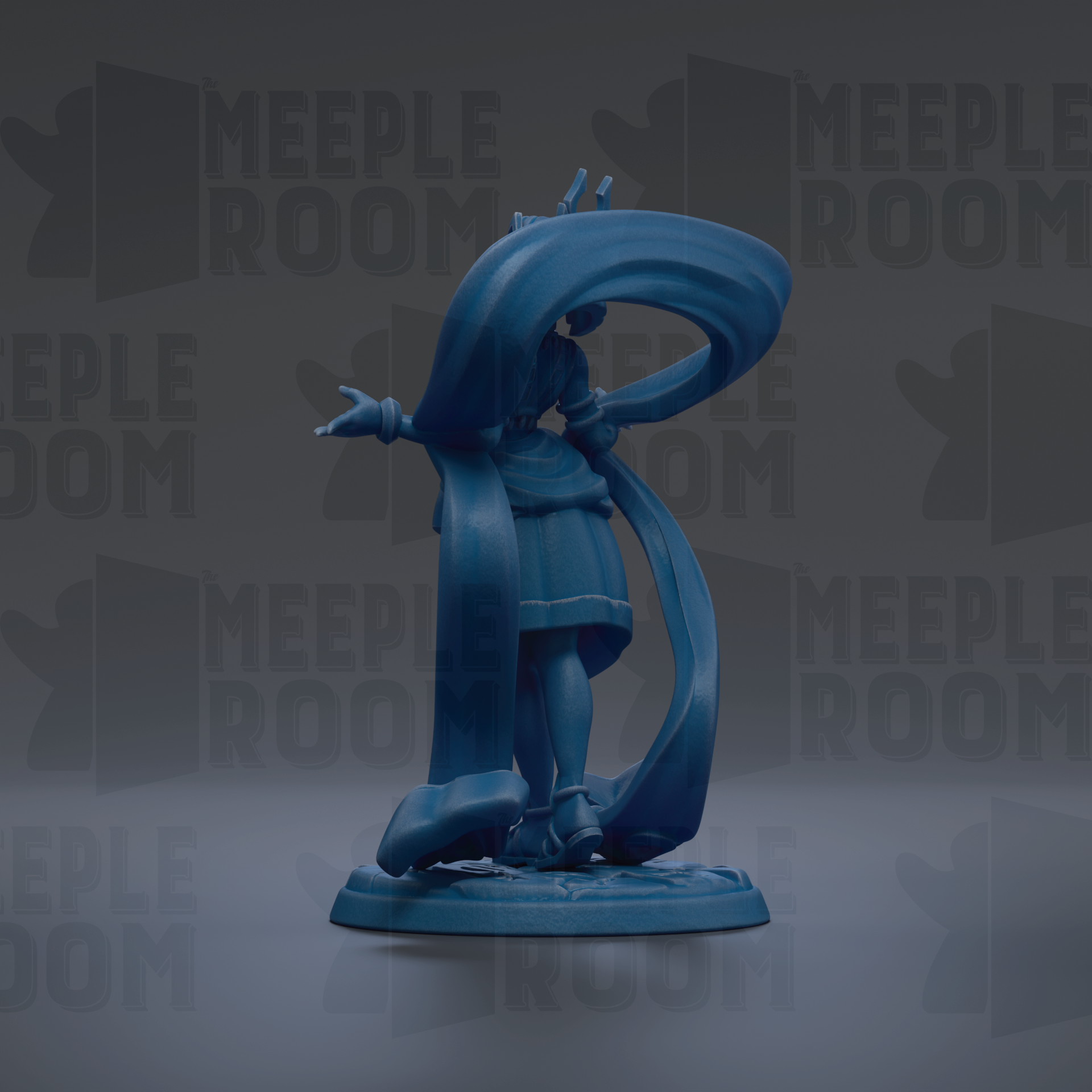 A blue figurine with a flowing cape and a large headdress stands on a base against a dark background with repeated text.