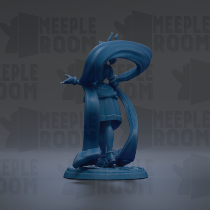 A blue figurine with a flowing cape and a large headdress stands on a base against a dark background with repeated text.