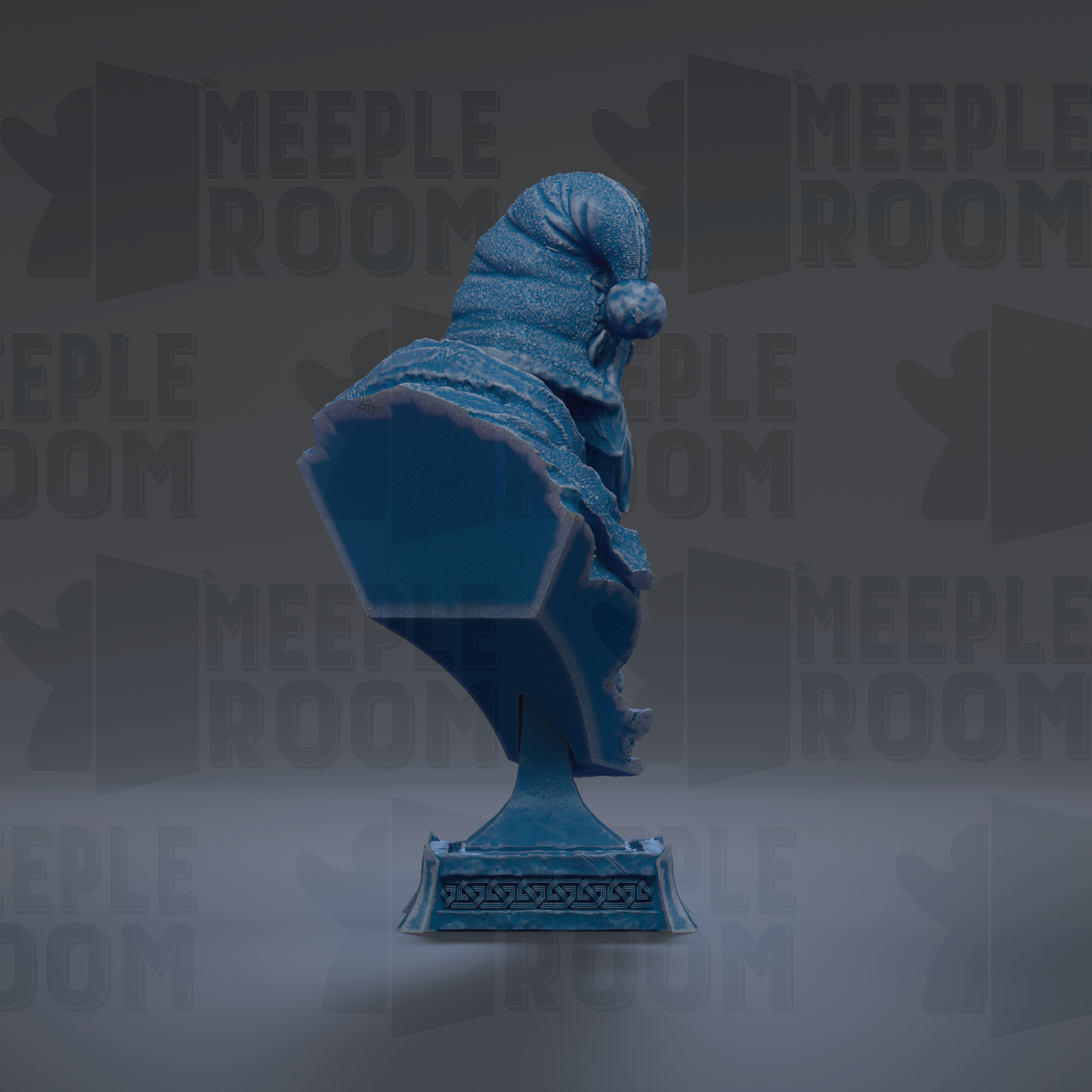 A blue bust of a person wearing a hat, possibly a Santa hat, is displayed against a dark background with repeated text.