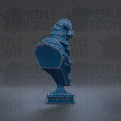 A blue bust of a person wearing a hat, possibly a Santa hat, is displayed against a dark background with repeated text.