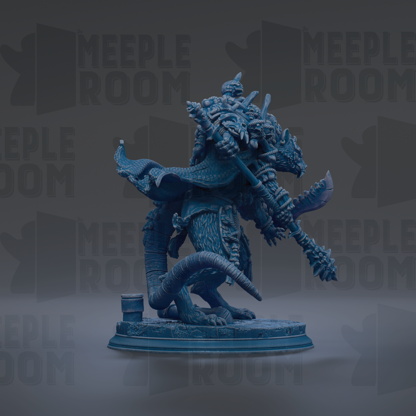 A detailed 3D model of a fantastical creature, possibly a dragon or serpent, with intricate details and a blue color scheme. The creature is depicted in a dynamic pose, holding a weapon and standing on a platform. The background features repeated text that reads "MEEPLE ROOM", suggesting the image may be part of a larger collection or series.