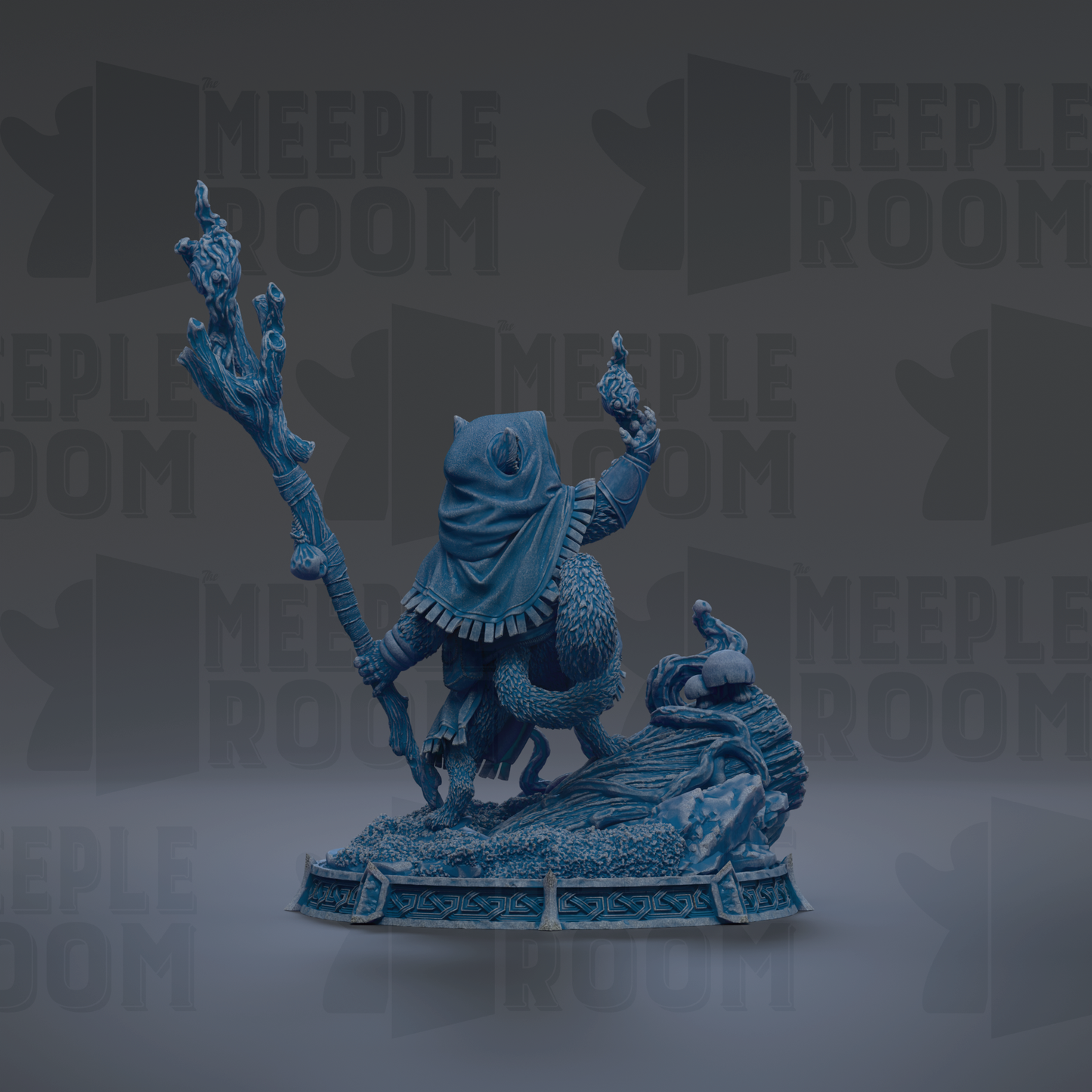 A blue, 3D-rendered fantasy creature with a staff and a flowing robe stands on a base, surrounded by a dark background with repeated text.