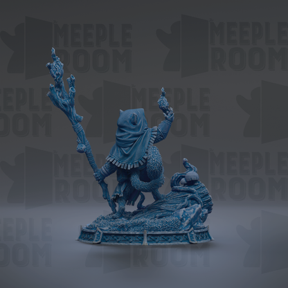 A blue, 3D-rendered fantasy creature with a staff and a flowing robe stands on a base, surrounded by a dark background with repeated text.