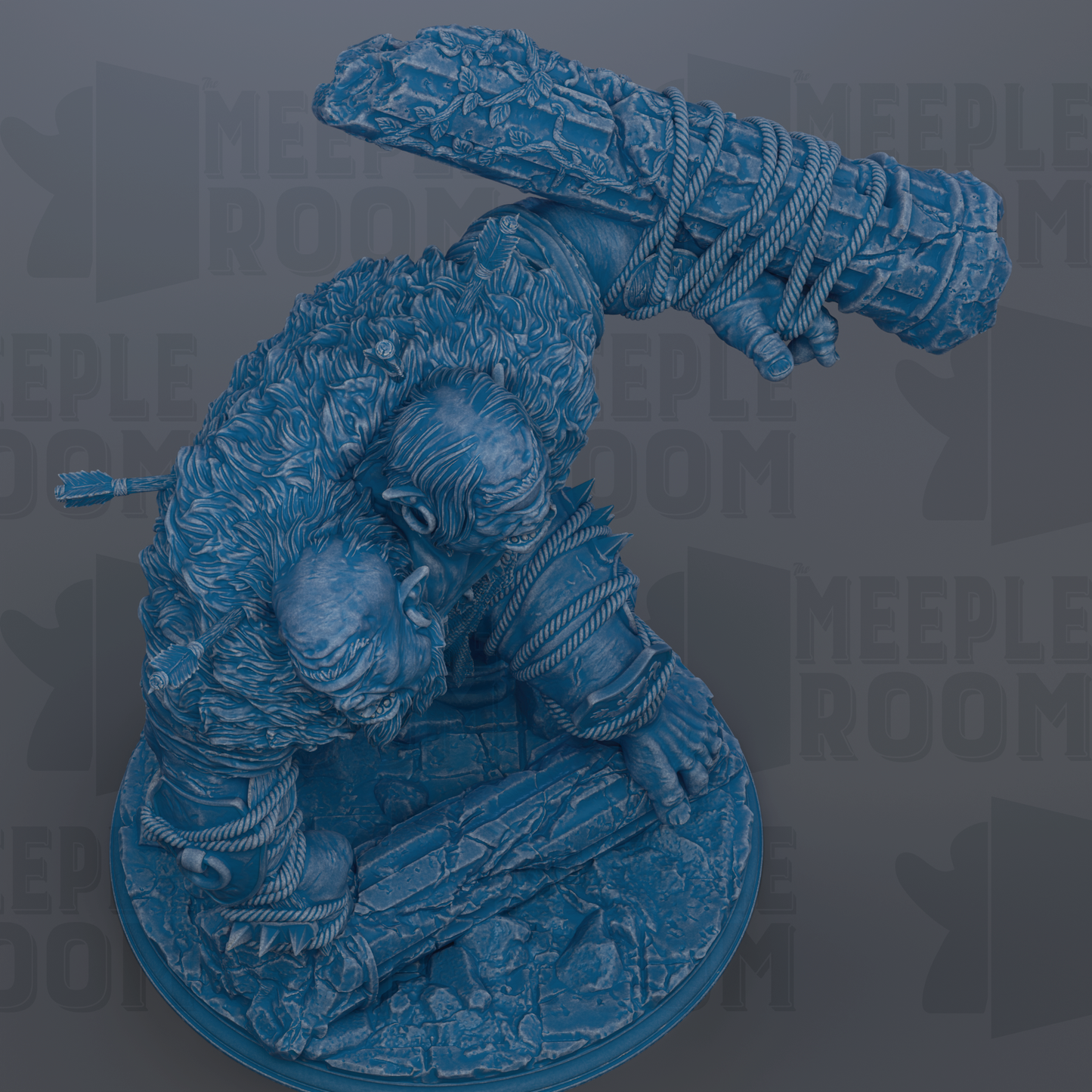 A blue, textured statue of a creature with a large, curved weapon in its hand, set against a dark background with repeated text.