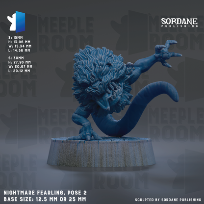 The image is a 3D rendering of a blue, furry creature with a long tail, standing on a platform. The creature appears to be a fantastical or mythical creature, possibly a dragon or serpent. The image is described as a " Nightmare Fearing, Pose 2" and is published by Sordane Publishing. The base size of the creature is either 12.5 mm or 25 mm.